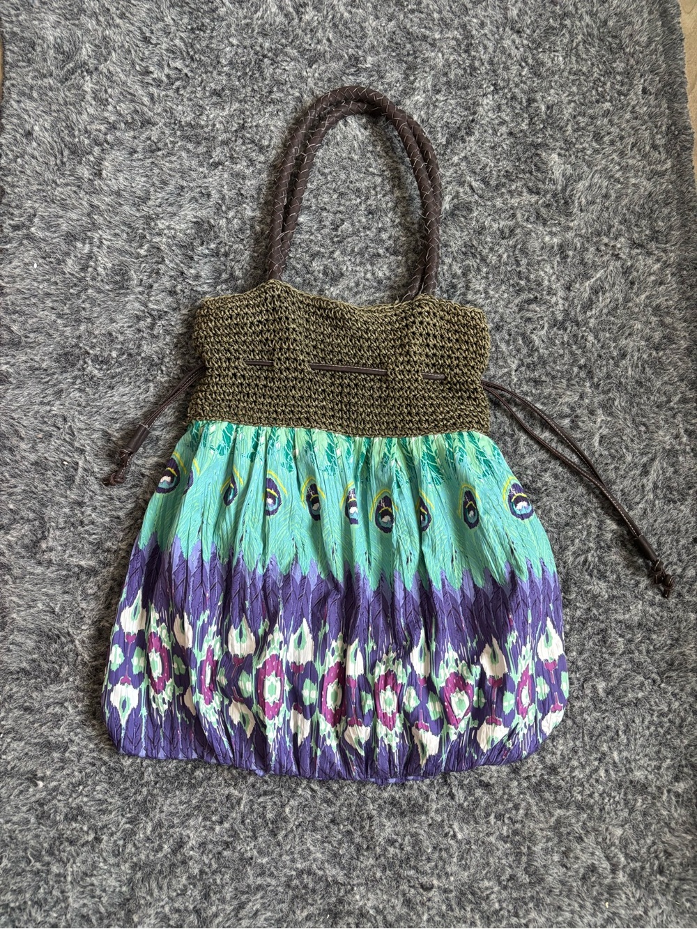 Claire’s Boho Crochet-Top Tote Bag in Teal & Purple